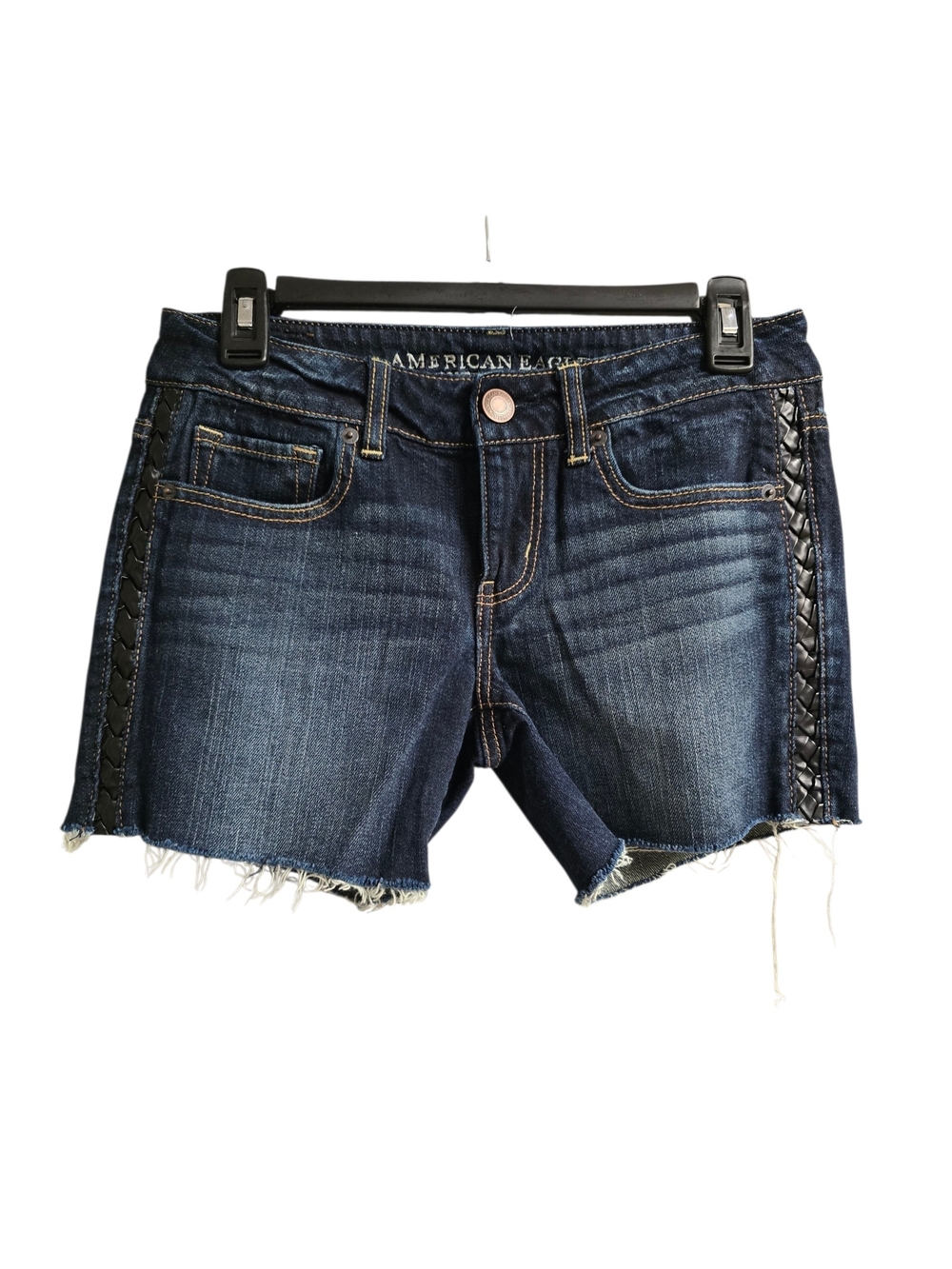 American Eagle Outfitters Dark Wash Frayed Denim Shorts with Braided Side Detail